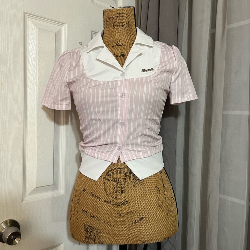 Striped Pink and White Button-Up Women's Top j-fashion